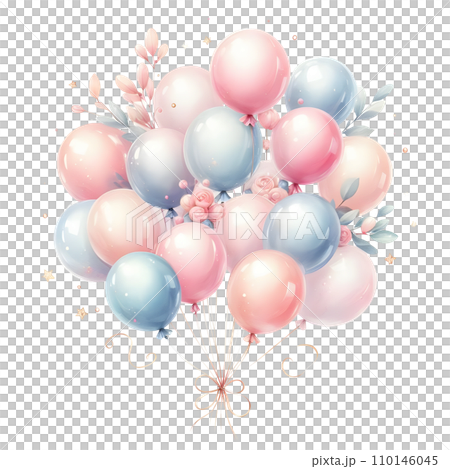Colorful balloons with ribbons on white background. AI Colorful balloons with ribbons on white background. AI 110146045