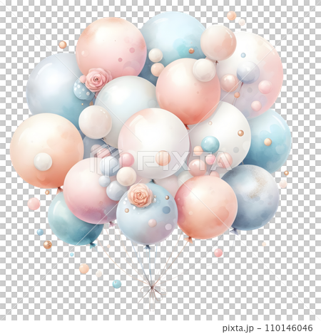 Colorful balloons with ribbons on white background. AI Colorful balloons with ribbons on white background. AI 110146046