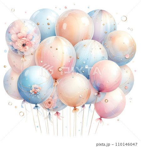 Colorful balloons with ribbons on white background. AI Colorful balloons with ribbons on white background. AI 110146047