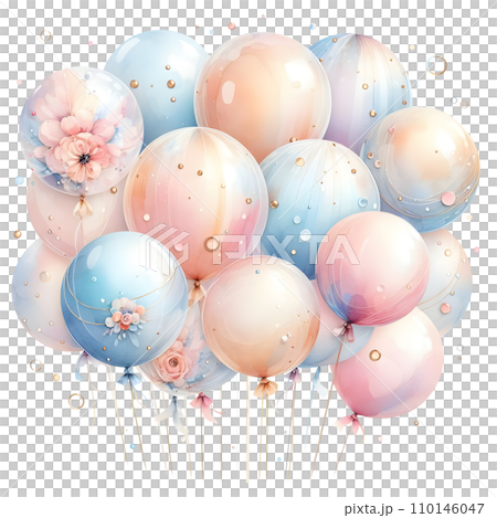 Colorful balloons with ribbons on white background. AI Colorful balloons with ribbons on white background. AI 110146047