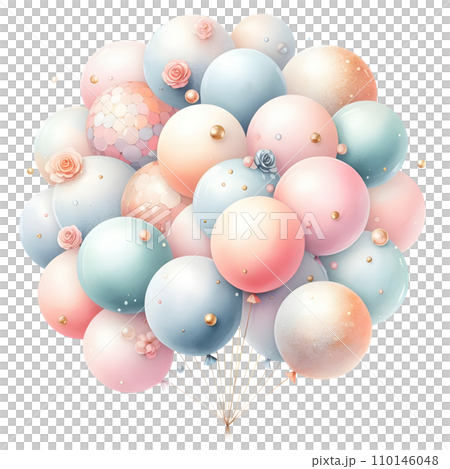 Colorful balloons with ribbons on white background. AI Colorful balloons with ribbons on white background. AI 110146048