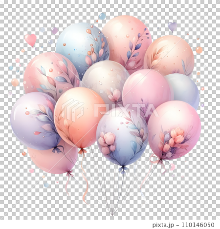 Colorful balloons with ribbons on white background. AI Colorful balloons with ribbons on white background. AI 110146050