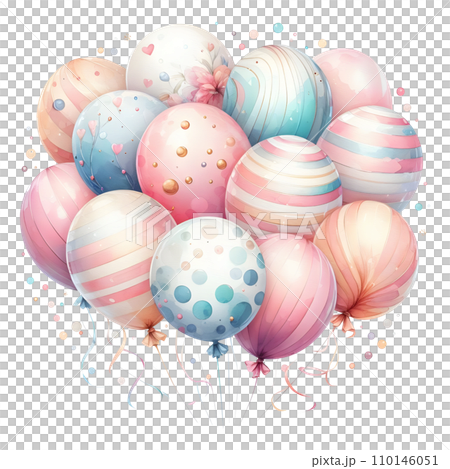 Colorful balloons with ribbons on white background. AI Colorful balloons with ribbons on white background. AI 110146051