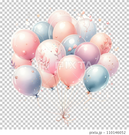 Colorful balloons with ribbons on white background. AI Colorful balloons with ribbons on white background. AI 110146052