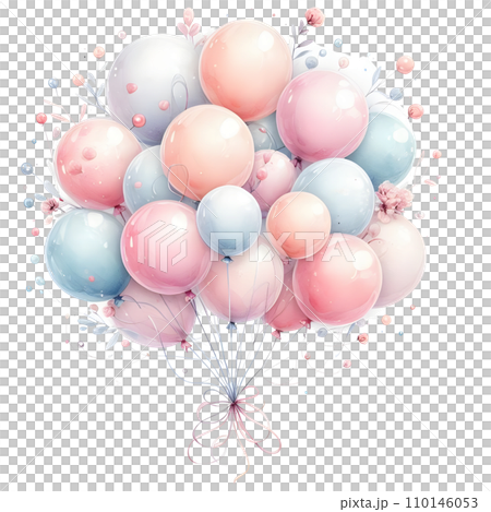 Colorful balloons with ribbons on white background. AI Colorful balloons with ribbons on white background. AI 110146053