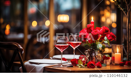 AI-generated content. Festive table setting with elegant wine glasses and beautiful red roses on a Valentine's Day background 110146132