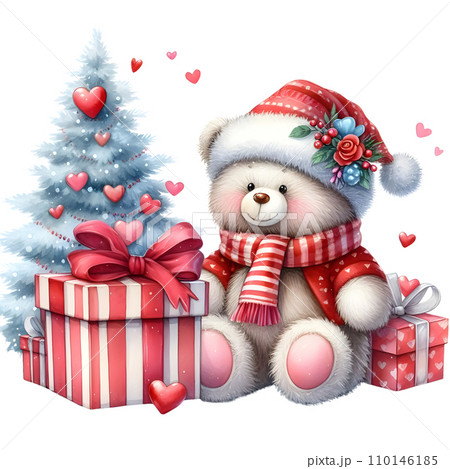 Cute cartoon bear with gift box and hearts.  AI 110146185