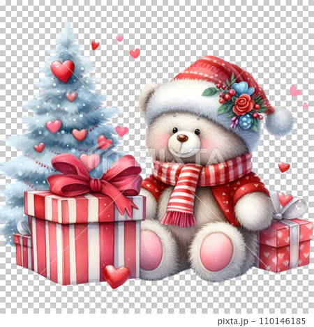 Cute cartoon bear with gift box and hearts.  AI 110146185