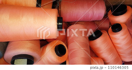 Group of colorful yarn on spool, yarn on tube, cotton, wool, linen thread 110146305