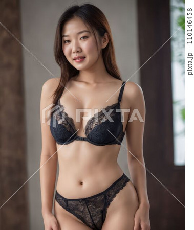 a beautiful asian woman in black lingerie posing for the camera 110146458