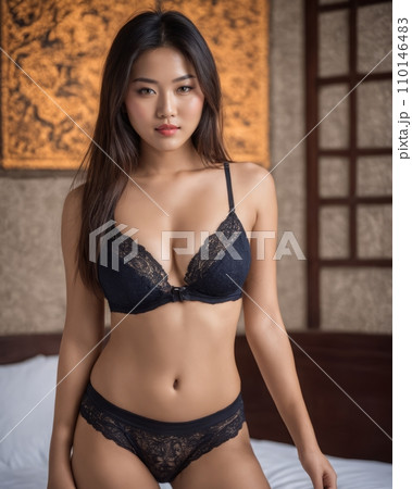 beautiful asian woman in black lingerie posing on bed 110146483