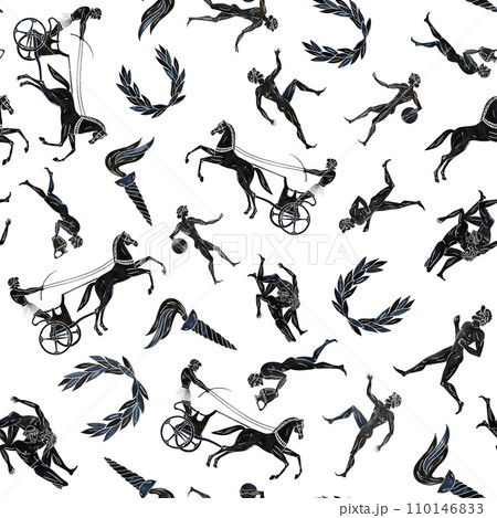 Seamless pattern with ancient Greek athletes. In the style of ancient Greek painting. Hand-painted watercolor. Black silhouettes of athletes. For textiles, prints, backgrounds. For packaging, labels. Seamless pattern with ancient Greek athletes. In the style of ancient Greek painting. Hand-painted watercolor. Black silhouettes of athletes. For textiles, prints, backgrounds. For packaging, labels. 110146833