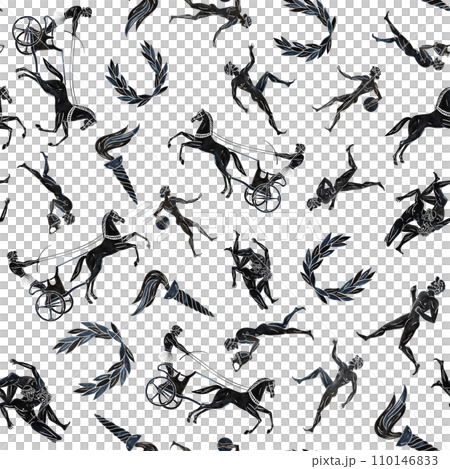 Seamless pattern with ancient Greek athletes. In the style of ancient Greek painting. Hand-painted watercolor. Black silhouettes of athletes. For textiles, prints, backgrounds. For packaging, labels. Seamless pattern with ancient Greek athletes. In the style of ancient Greek painting. Hand-painted watercolor. Black silhouettes of athletes. For textiles, prints, backgrounds. For packaging, labels. 110146833