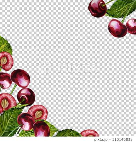 A frame with ripe and juicy cherries. Watercolor illustration, hand-drawn, corner frame. For the design of labels, packaging and banners. For textiles, prints and stickers. For menus, invitation card A frame with ripe and juicy cherries. Watercolor illustration, hand-drawn, corner frame. For the design of labels, packaging and banners. For textiles, prints and stickers. For menus, invitation card 110146835
