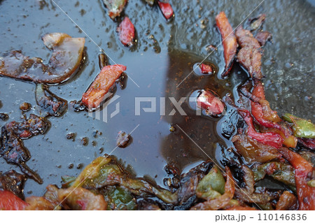 used cooking oil in frying pan. 110146836