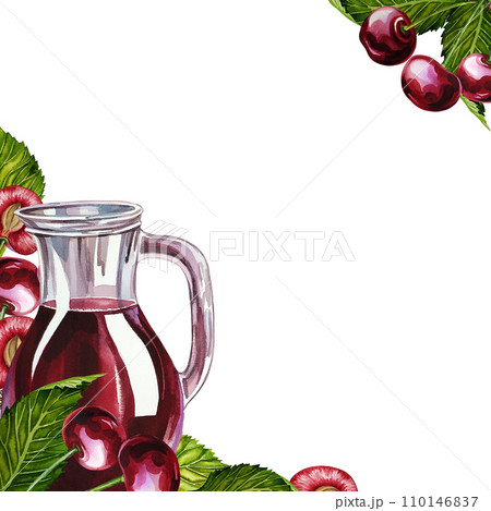 A frame with a jug of cherry juice. Ripe and juicy cherries. A hand-drawn watercolor illustration. For the design of labels, packaging and banners. For textiles, prints. For menus, invitation cards. A frame with a jug of cherry juice. Ripe and juicy cherries. A hand-drawn watercolor illustration. For the design of labels, packaging and banners. For textiles, prints. For menus, invitation cards. 110146837