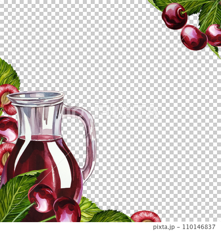 A frame with a jug of cherry juice. Ripe and juicy cherries. A hand-drawn watercolor illustration. For the design of labels, packaging and banners. For textiles, prints. For menus, invitation cards. A frame with a jug of cherry juice. Ripe and juicy cherries. A hand-drawn watercolor illustration. For the design of labels, packaging and banners. For textiles, prints. For menus, invitation cards. 110146837