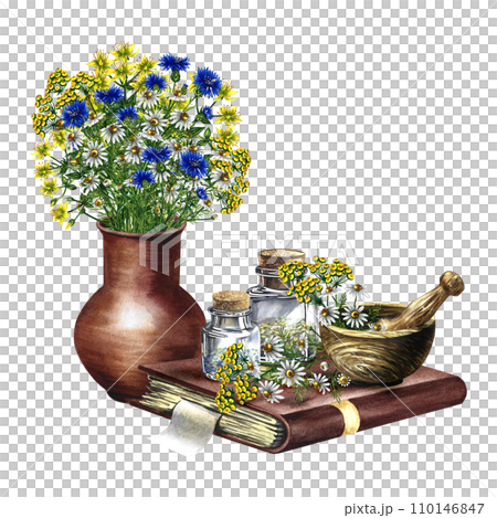 Medicinal herbs, chamomile, cornflowers and tansy. Medicinal plants. A wooden mortar and glass vials on an old recipe book. Hand-drawn watercolor illustration. Isolated. For banner, flyer. Medicinal herbs, chamomile, cornflowers and tansy. Medicinal plants. A wooden mortar and glass vials on an old recipe book. Hand-drawn watercolor illustration. Isolated. For banner, flyer. 110146847