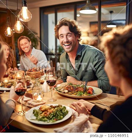 AI-generated content. a happy dinner with family at home food and wine AI-generated content. a happy dinner with family at home food and wine 110146951