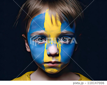 AI-generated content. close-up of a child's face painted blue and yellow 110147006