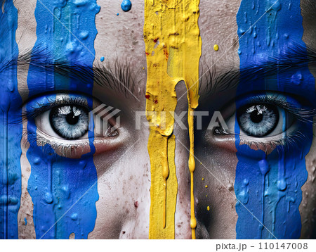 AI-generated content. close-up of a child's face painted blue and yellow 110147008