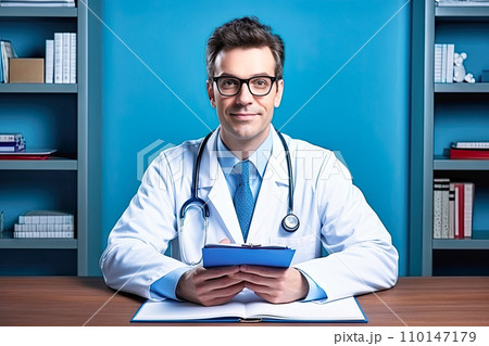 AI-generated content. A cheerful male doctor in glasses has a snow-white smile 110147179