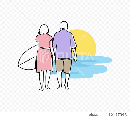 Elderly couple with surfboard at sunset or dawn linear illustration Elderly couple with surfboard at sunset or dawn linear illustration 110147348