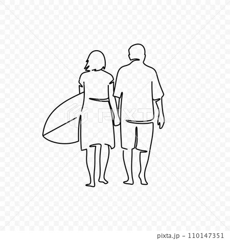 Elderly couple with surfboard linear illustration 110147351