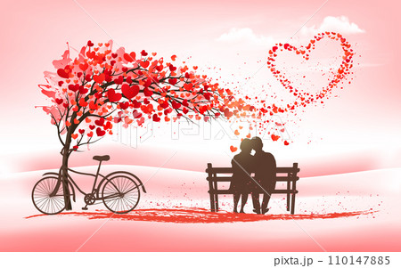 A Pink Holiday Valentine's Day background. Tree with heart-shaped leaves and bike with couple in love. Vector A Pink Holiday Valentine's Day background. Tree with heart-shaped leaves and bike with couple in love. Vector 110147885