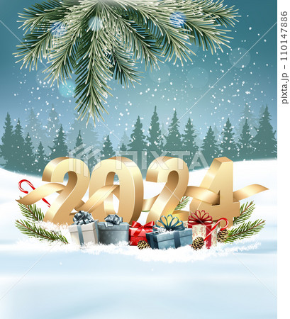 Happy New Year Holiday background with gift boxes and golden 2024 numbers. Vector. Happy New Year Holiday background with gift boxes and golden 2024 numbers. Vector. 110147886