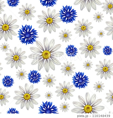 Seamless pattern with daisies and cornflowers. Hand-drawn watercolor illustration. For textile and decorative backgrounds, for design, wallpaper, wrapping paper and packaging. 110148439