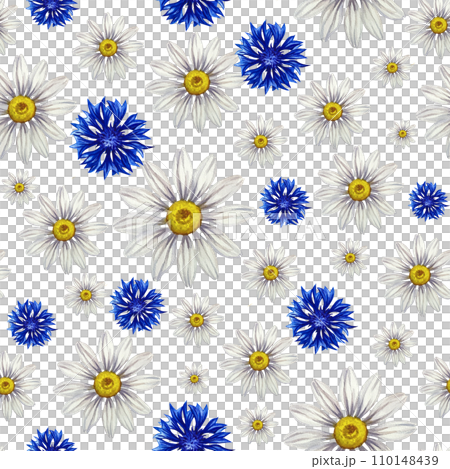 Seamless pattern with daisies and cornflowers. Hand-drawn watercolor illustration. For textile and decorative backgrounds, for design, wallpaper, wrapping paper and packaging. 110148439