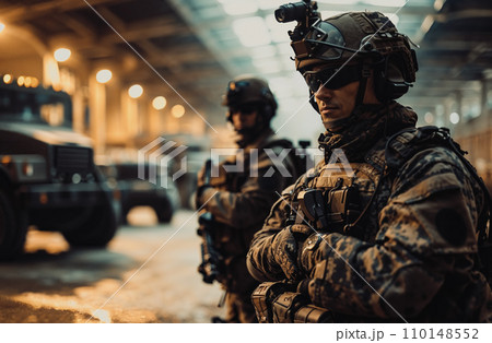 Two soldier of police special forces stand in a hangar for protect the area. 110148552