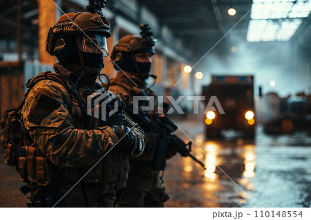 Two soldier of police special forces stand in a hangar for protect the area. 110148554