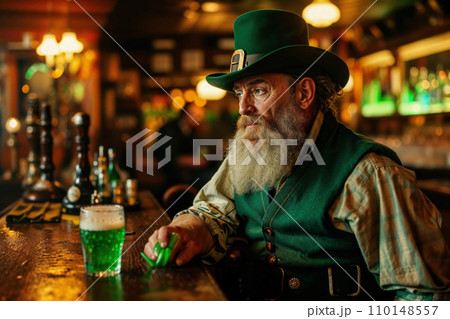 A bearded Leprechaun with green hat and green dress at a bar sits with a glass of green beer. The vintage pub exudes a warm, nostalgic vibe with wooden furniture celebrating St. Patrick's Day. 110148557