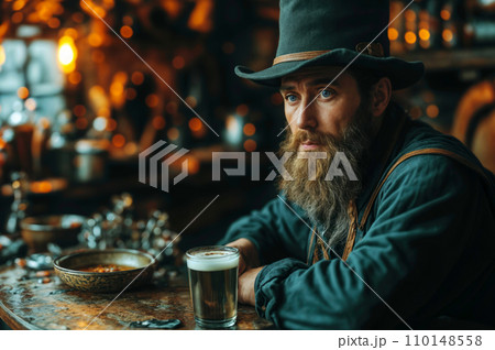 A bearded Leprechaun with green hat and green dress at a bar sits with a glass of green beer. The vintage pub exudes a warm, nostalgic vibe with wooden furniture celebrating St. Patrick's Day. A bearded Leprechaun with green hat and green dress at a bar sits with a glass of green beer. The vintage pub exudes a warm, nostalgic vibe with wooden furniture celebrating St. Patrick's Day. 110148558