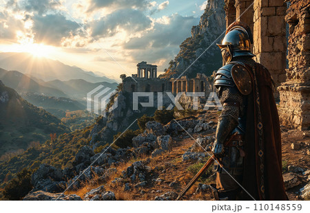 A armored Roman gladiator overlooking ancient Rome earth. Holding a sword and shield. A armored Roman gladiator overlooking ancient Rome earth. Holding a sword and shield. 110148559