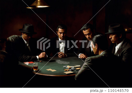 A smoky, dimly lit backroom scene where sharply dressed gangsters are engaged in a poker game. A smoky, dimly lit backroom scene where sharply dressed gangsters are engaged in a poker game. 110148570