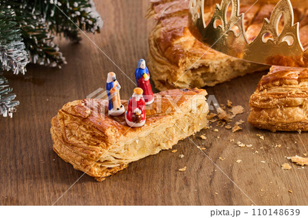 Galette des rois on wooden table.Traditional Epiphany cake in France 110148639