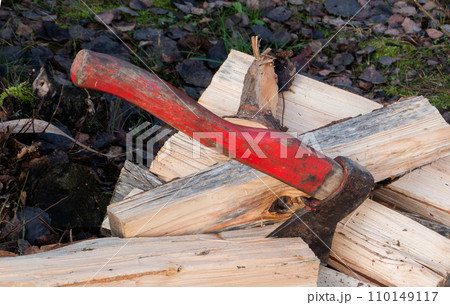 Red Handled Axe lies on freshly cut firewood 110149117