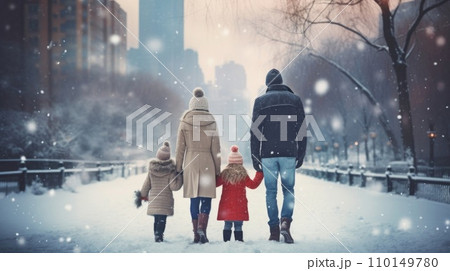AI-generated content. Happy family Father, mother and children are on winter walk in nature comeliness AI-generated content. Happy family Father, mother and children are on winter walk in nature comeliness 110149780