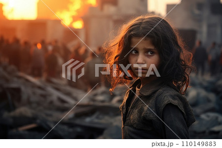 AI-generated content. Civilian refugee affected from war and battle has no comeliness 110149883