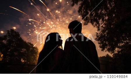 AI-generated content. Happy people looking up to the sky with firework in new year 2024 comeliness 110149884