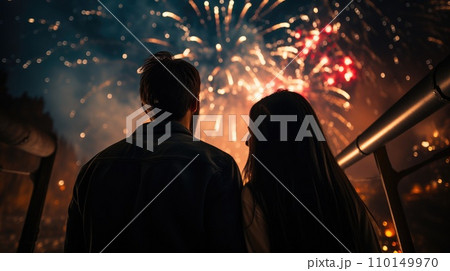 AI-generated content. Happy people looking up to the sky with firework in new year 2024 comeliness 110149970