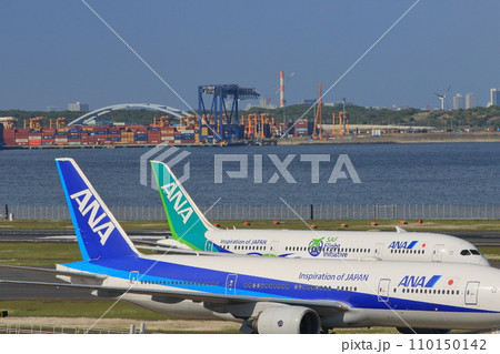 翼を休める二機のANA機　青と緑のANA機 110150142