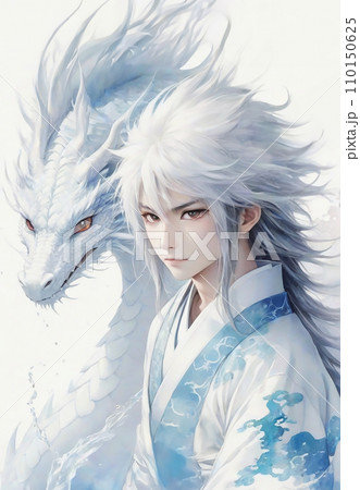白龍と着物の男性 水神 龍神 ハクの開運 イラスト アート（AI生成画像