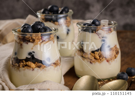 Yogurt parfait with blueberry and granola Yogurt parfait with blueberry and granola 110151145