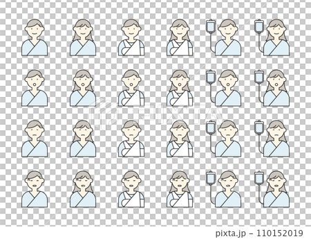 患者 人物 アイコン イラスト セット 骨折 点滴 入院 手術着 表情 バリエーション 患者 人物 アイコン イラスト セット 骨折 点滴 入院 手術着 表情 バリエーション 110152019