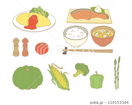 味噌汁 ごはん オムライス 野菜 シャケ カボチャ とうもろこし トマト ブロッコリー ピーマン 110153384