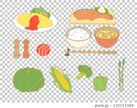 味噌湯 米飯 蛋捲米飯 蔬菜 鮭魚 南瓜 玉米 番茄 青花菜 青椒 110153384